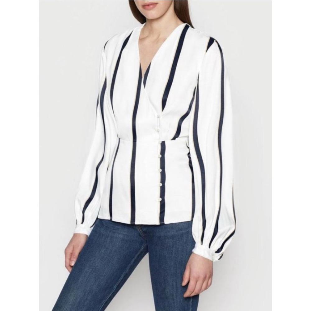 Equipment Femme Alaine Wrap Blouse Womens White Navy Blue Size S/P